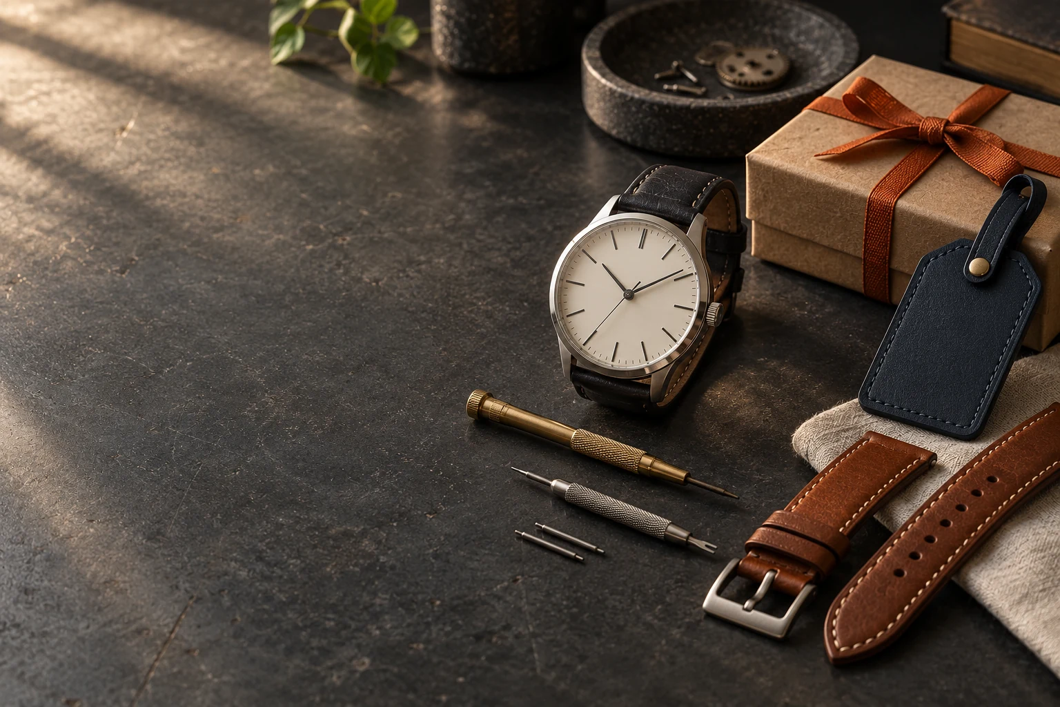 Illustrative still life of an unbranded watch, watchmaker tools, a leather strap, gift box and luggage tag on a graphite workbench; not the shop or exact inventory.